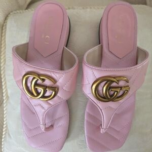 GUCCI Double G Marmont Leather Thong Sandal Pink 36